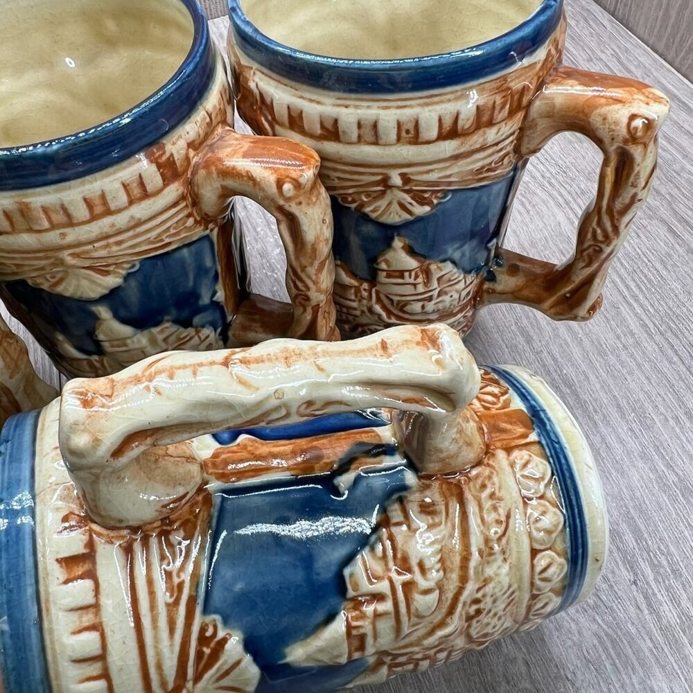 Vtg Ceramic Beer Stein Set w/Lidded Pitcher & 5 Mugs Made in Japan Blue Tan - Picture 12 of 16